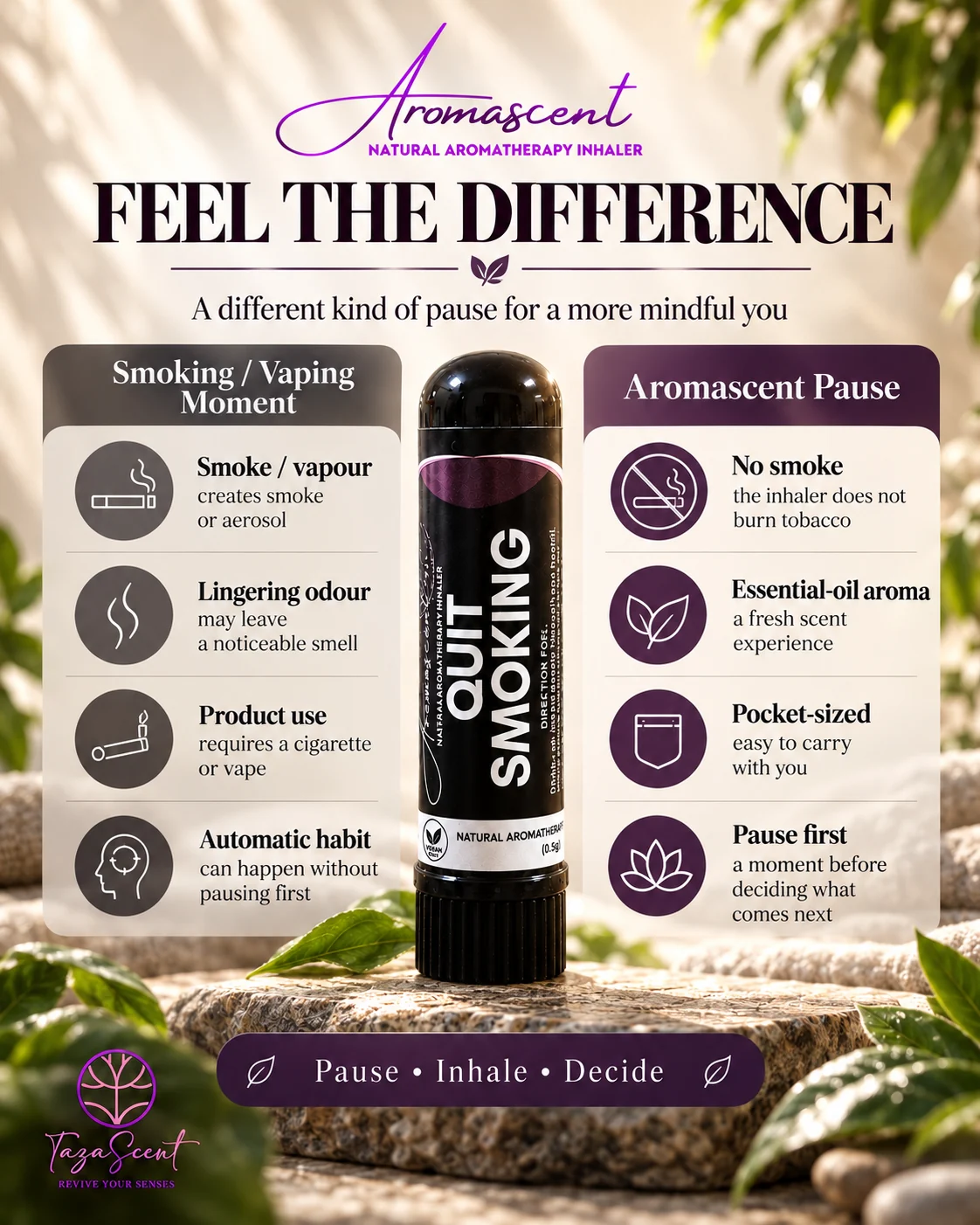 Poster Feel the Difference: perbandingan saat merokok atau vape dengan Aromascent Pause, berakhir dengan Pause, Inhale, Decide.