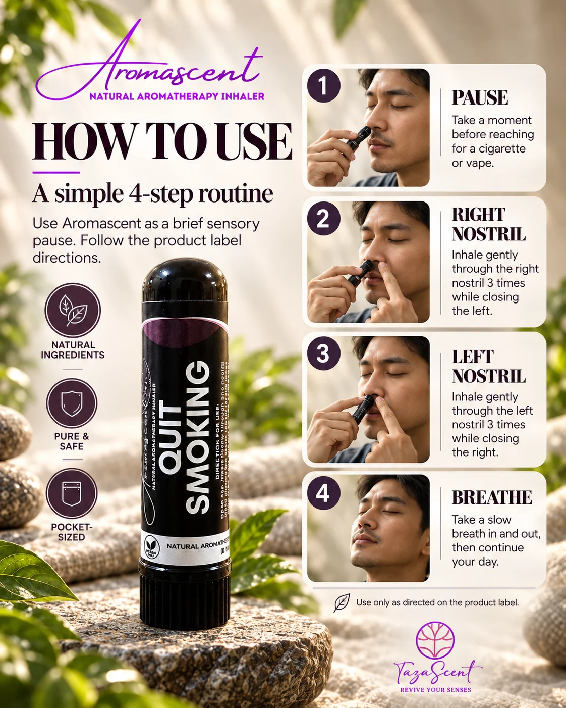 Poster cara guna AROMASCENT Quit Smoking: rutin 4 langkah, pause, hidung kanan 3 kali, hidung kiri 3 kali, kemudian bernafas.