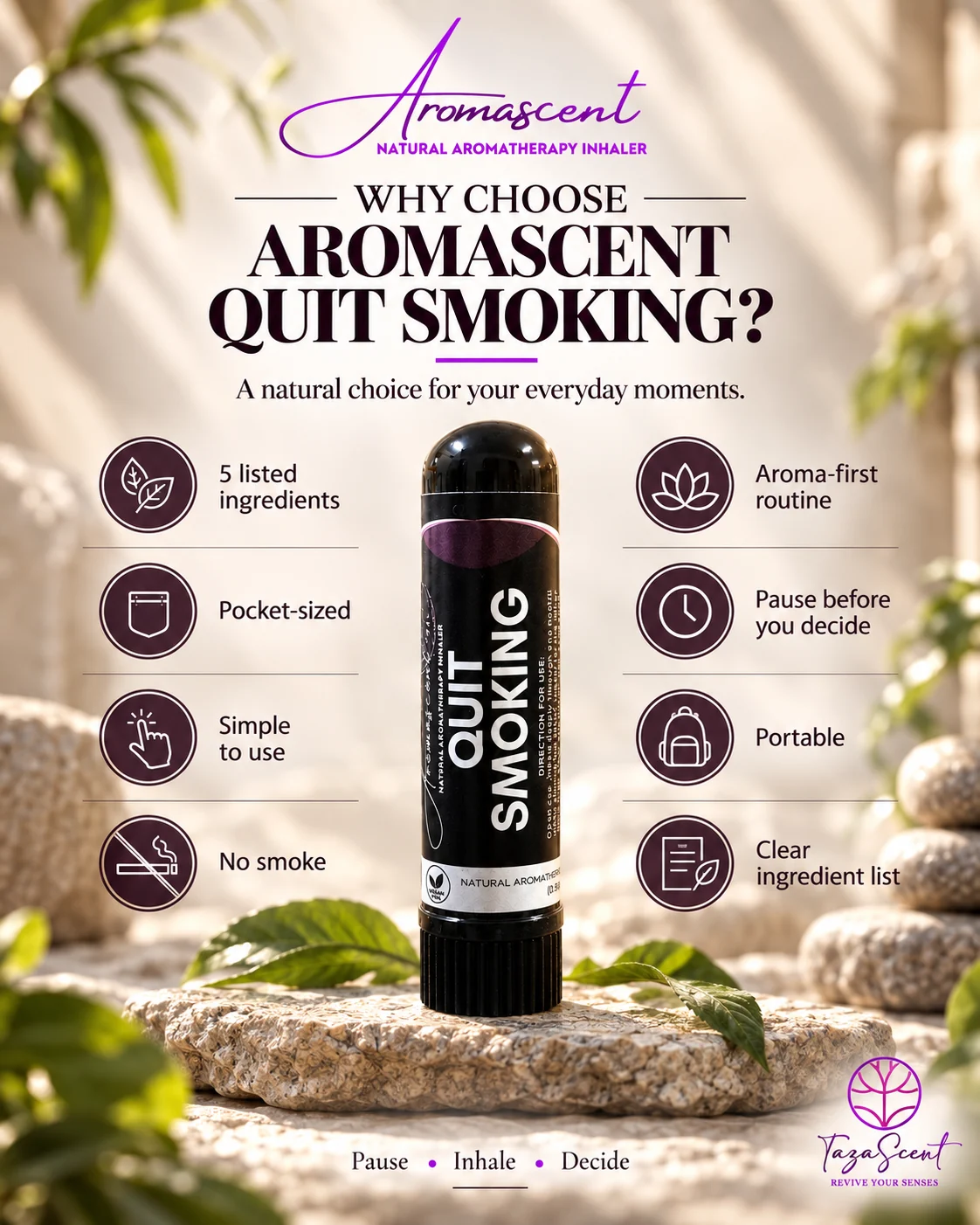 Poster Why Choose AROMASCENT Quit Smoking: inhaler di atas batu dengan lapan ciri produk seperti lima ramuan yang disenaraikan, muat poket dan tanpa asap.