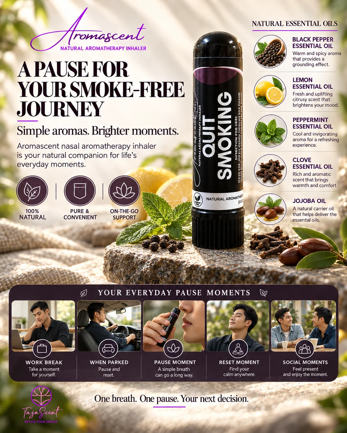 Poster A Pause for Your Smoke-Free Journey: inhaler, lima minyak pati dan saat jeda harian dengan tagline One breath, one pause, your next decision.
