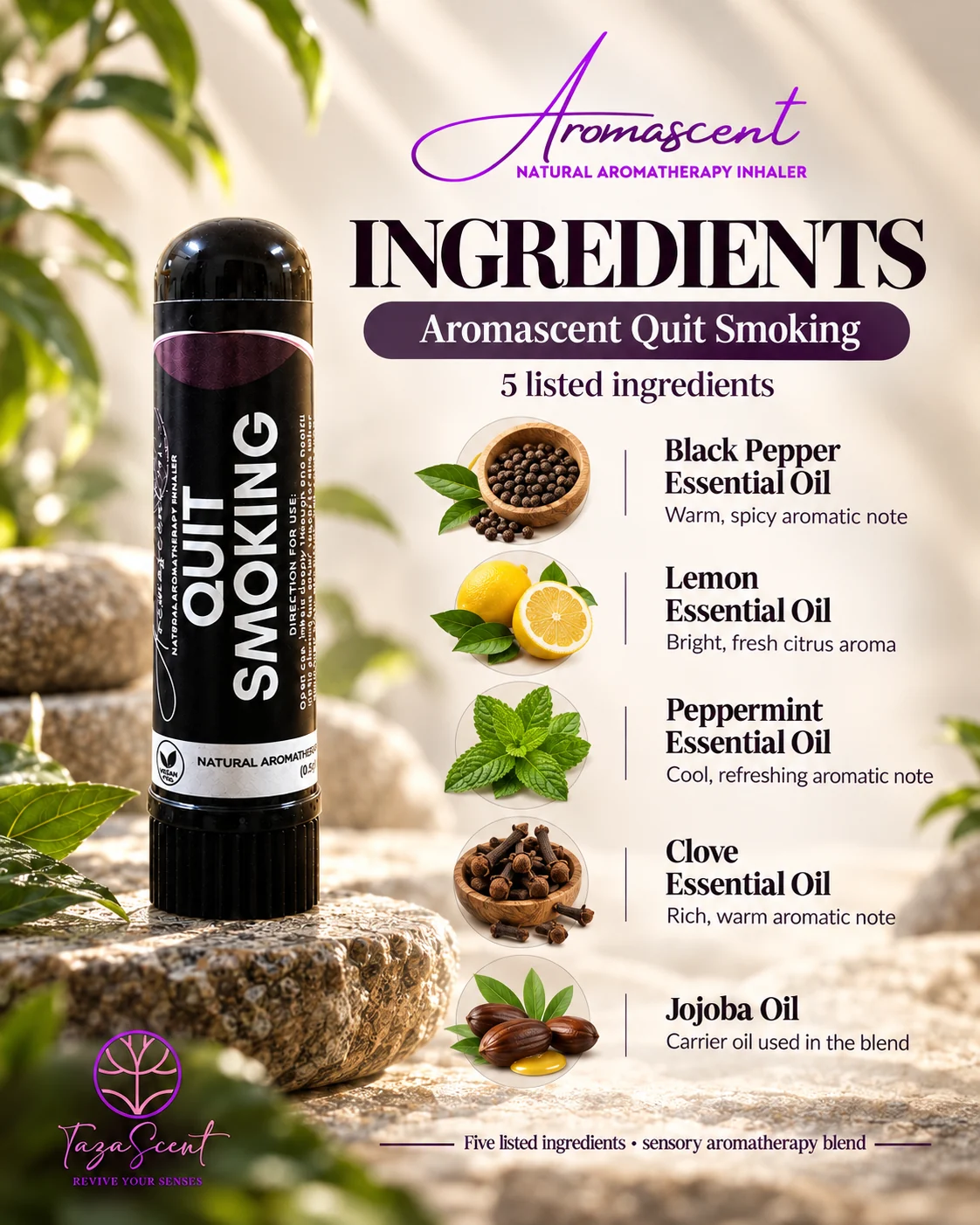 Poster ramuan AROMASCENT Quit Smoking: lima ramuan yang disenaraikan, Black Pepper, Lemon, Peppermint, Clove Essential Oil dan Jojoba Oil, dengan gambar setiap satu.