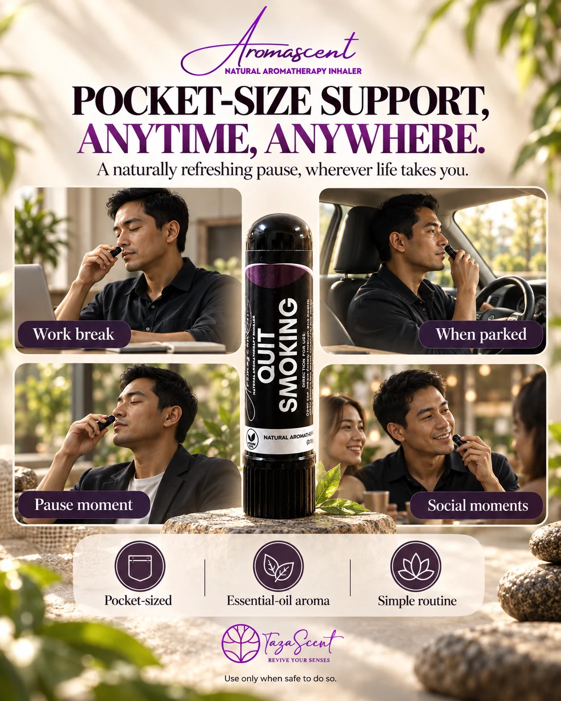 Poster Pocket-Size Support, Anytime, Anywhere: inhaler digunakan ketika rehat kerja, semasa berhenti memandu, saat jeda dan saat bersosial.